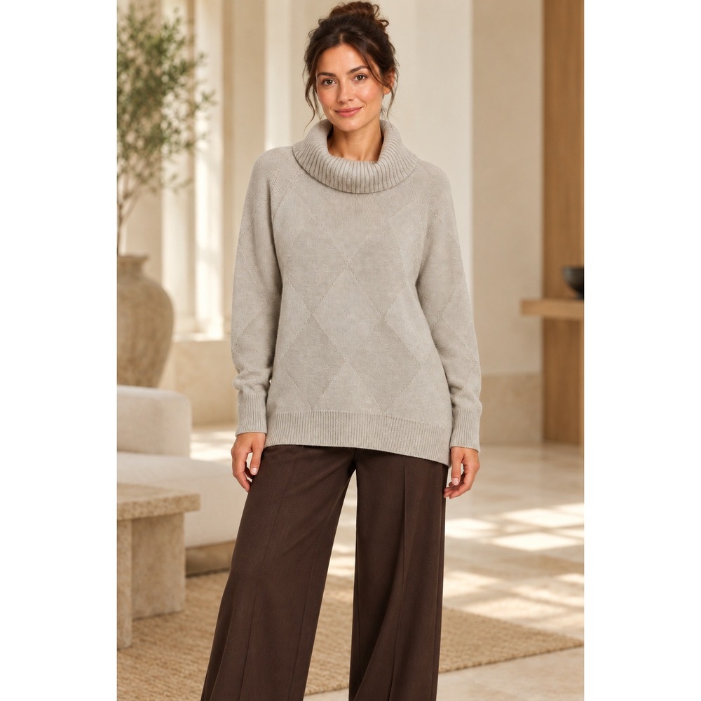 Banana Republic Sweater Turtleneck Women M Beige Argyle Knit Cotton quiet luxury